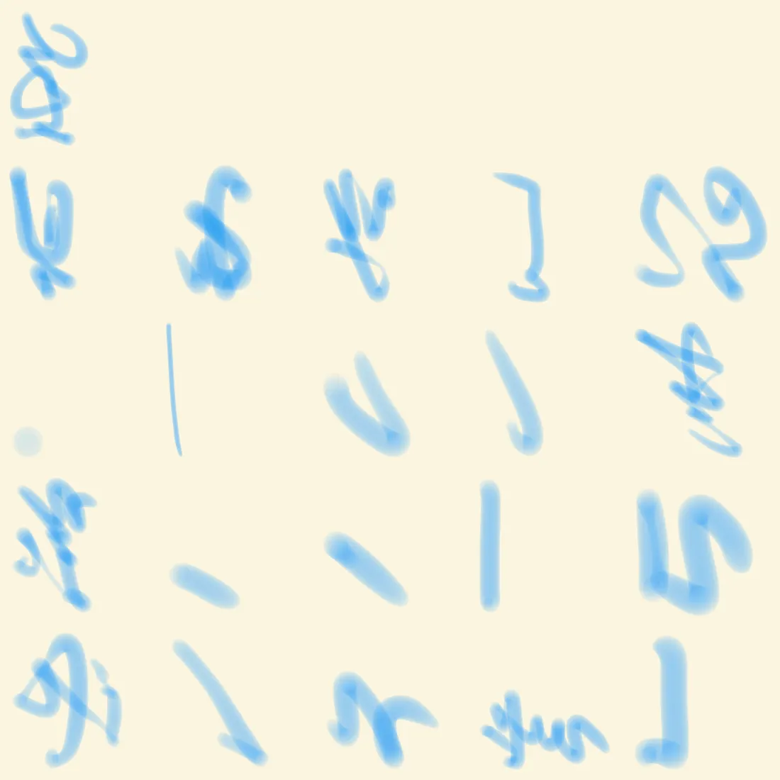 最终柔和印记模型渲染出的各种蓝色荧光笔笔画，包括环、钩状端部、短笔画和自交。
